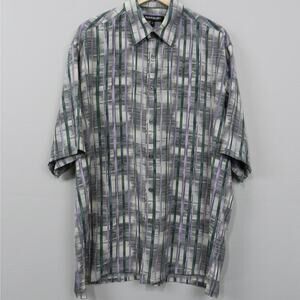 Vintage 90s Bassiri Button Up Shirt Mens L Gray‎ Purple Silky Printed Art *Flaw